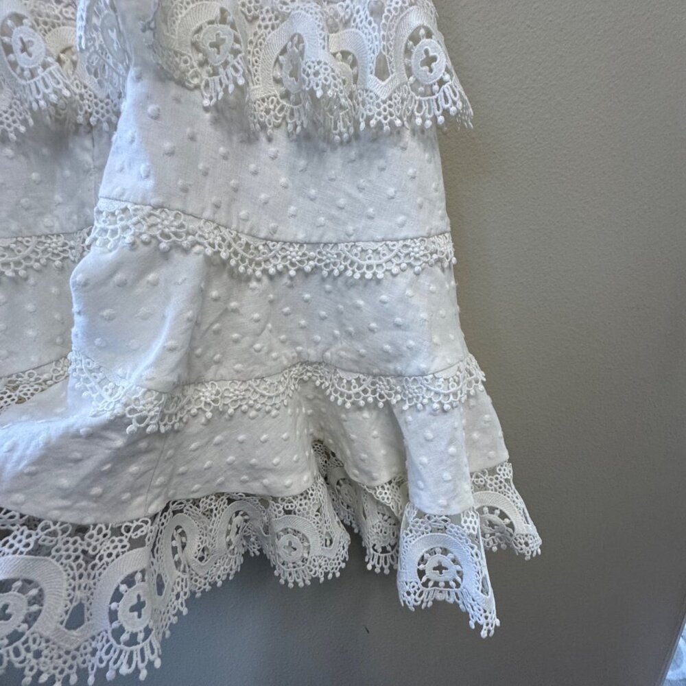 ZIMMERMANN Peggy Embroidered Trim Short Dress Womens 6 White Linen Blend Lace - Picture 6 of 13